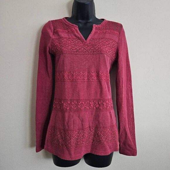 Lucky Brand Waffle Knit Lace Top - Picture 1 of 7
